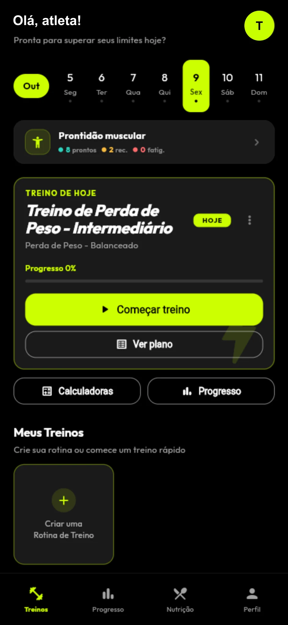 Actual Treino Certo IA interface on the home screen