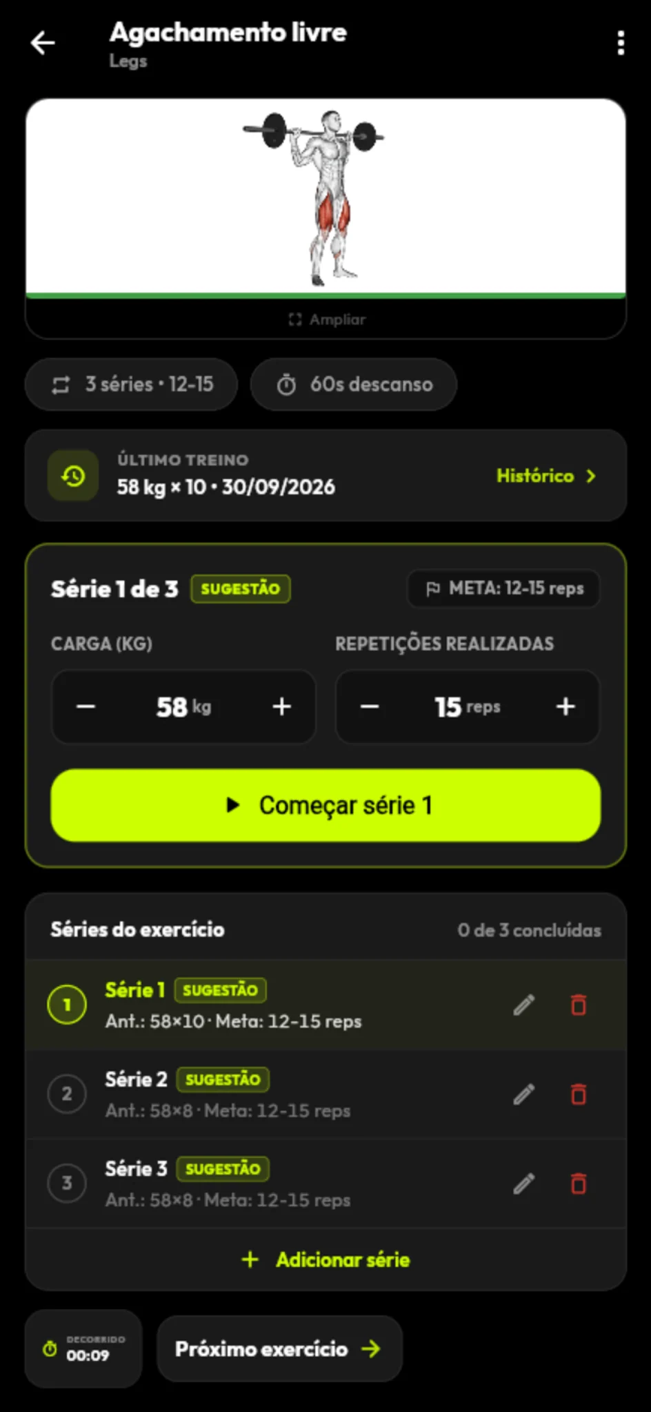 Tela de sessão com registro de séries e timer de descanso