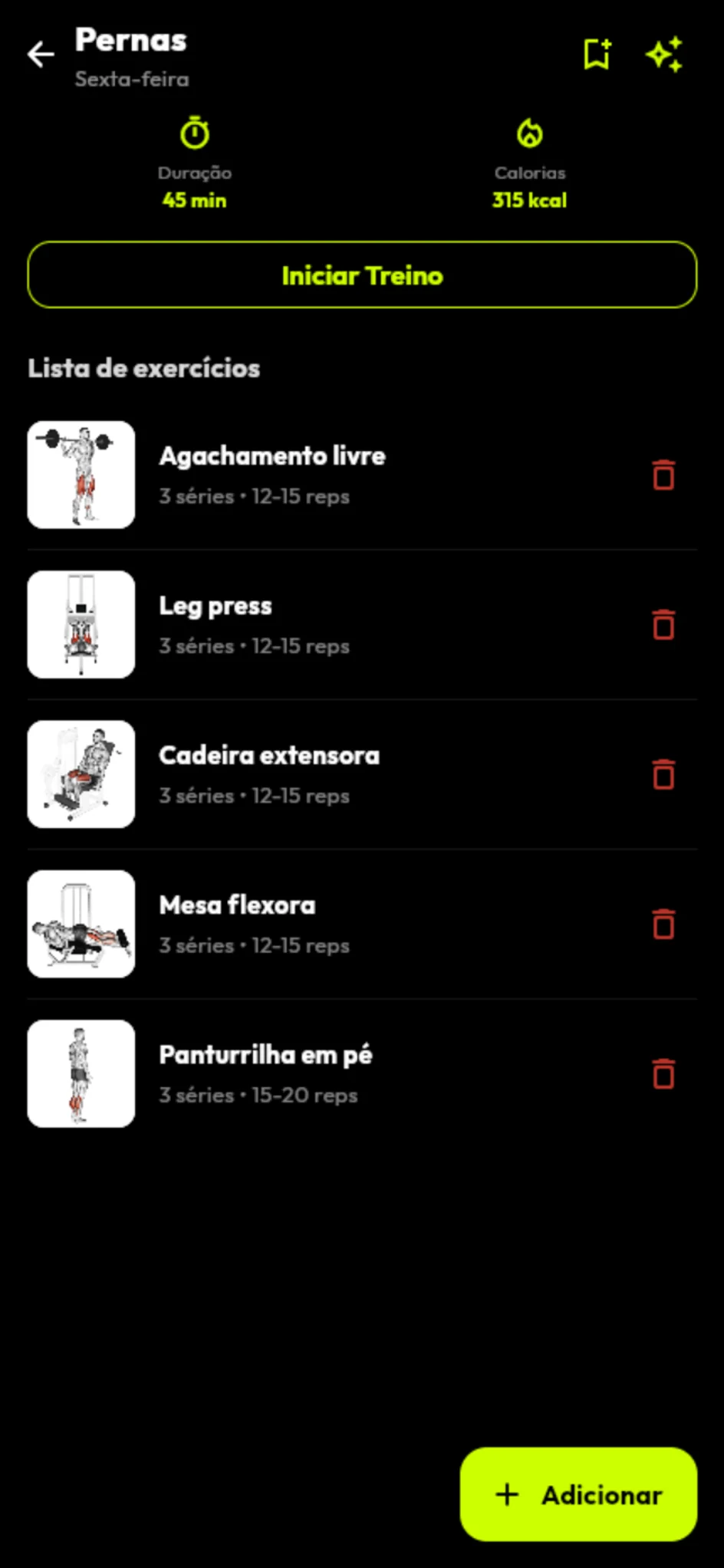 Exercise list for a workout session